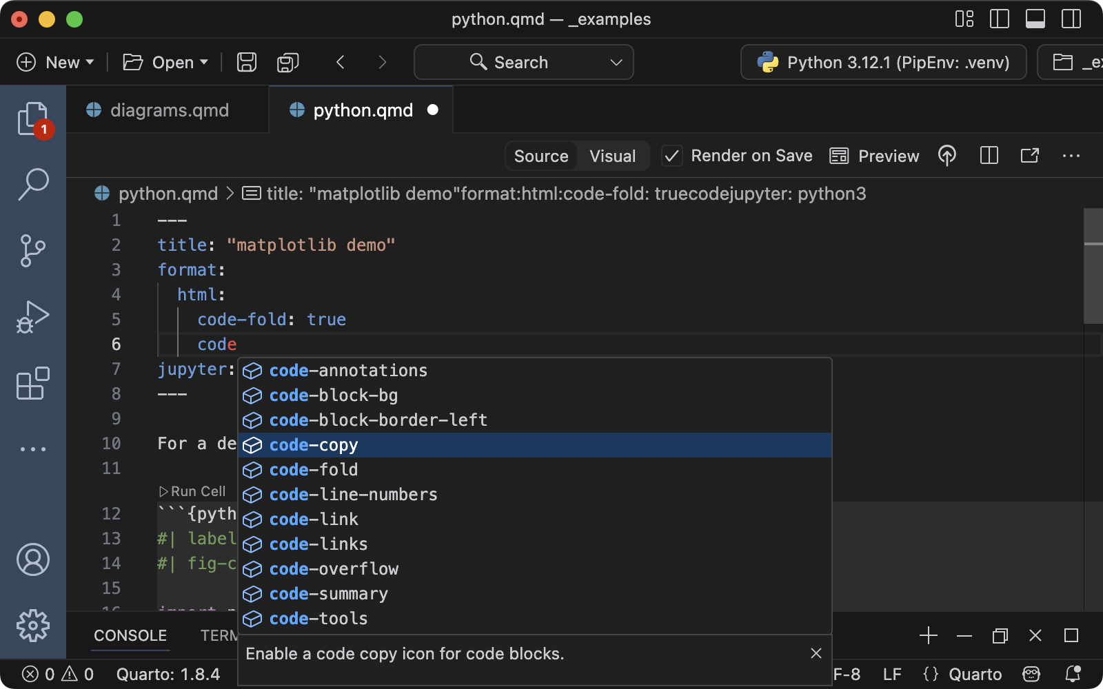 Quarto document with YAML being edited. Next to the cursor code completion helper is open showing YAML options beginning with the letters preceding the cursor ('co').